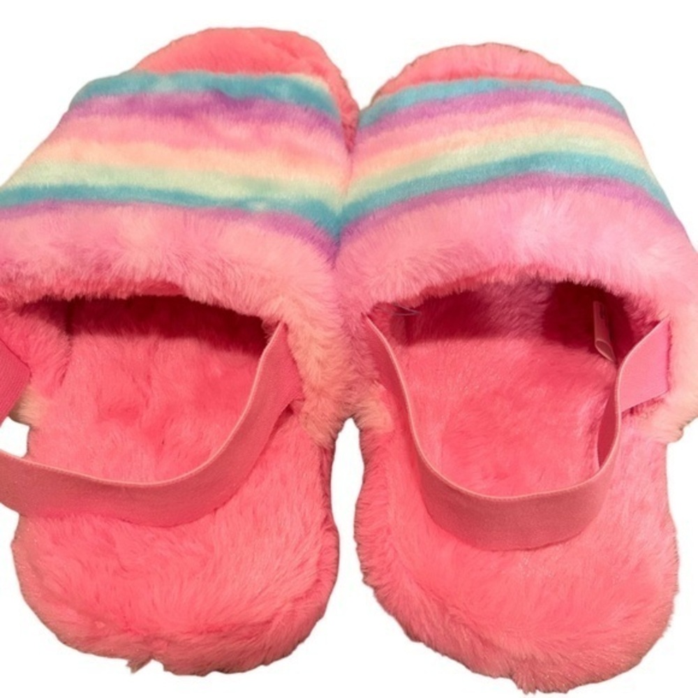 New Snoozies! Slippers Faux Fur Rainbow Stripe Memory Foam - Size XL (9-10) 🌈